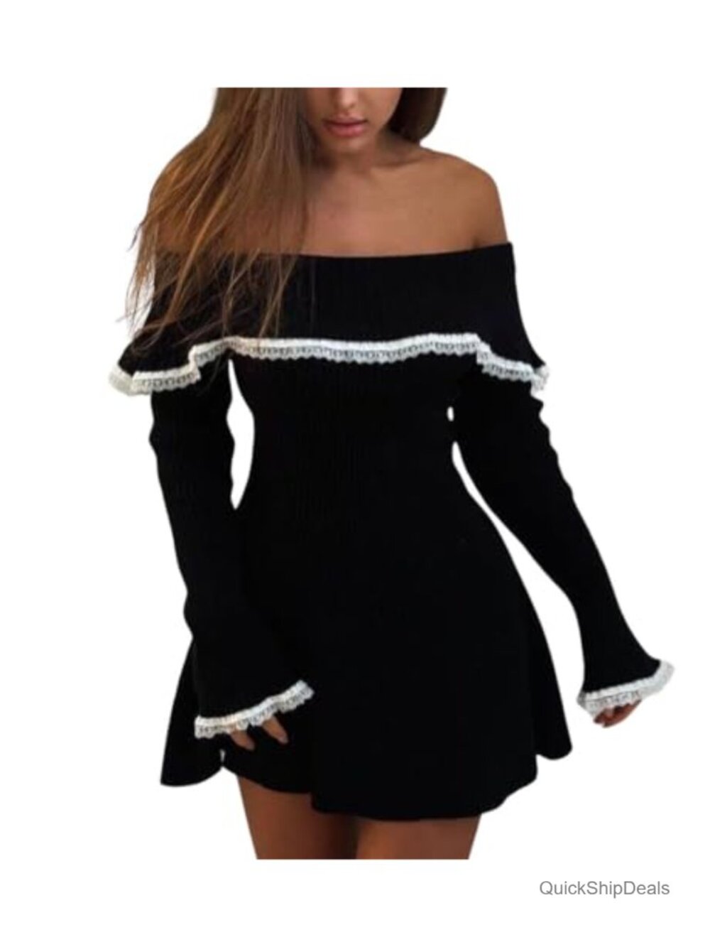Off Shoulder Bell Sleeve Sweater Mini Dress Lace Trim Bodycon Ribbed Knit